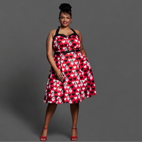 Disney Mickey Mouse Minnie Hearts Retro Halter Dress 3X Pinup Rockabilly Plus - Picture 2 of 8